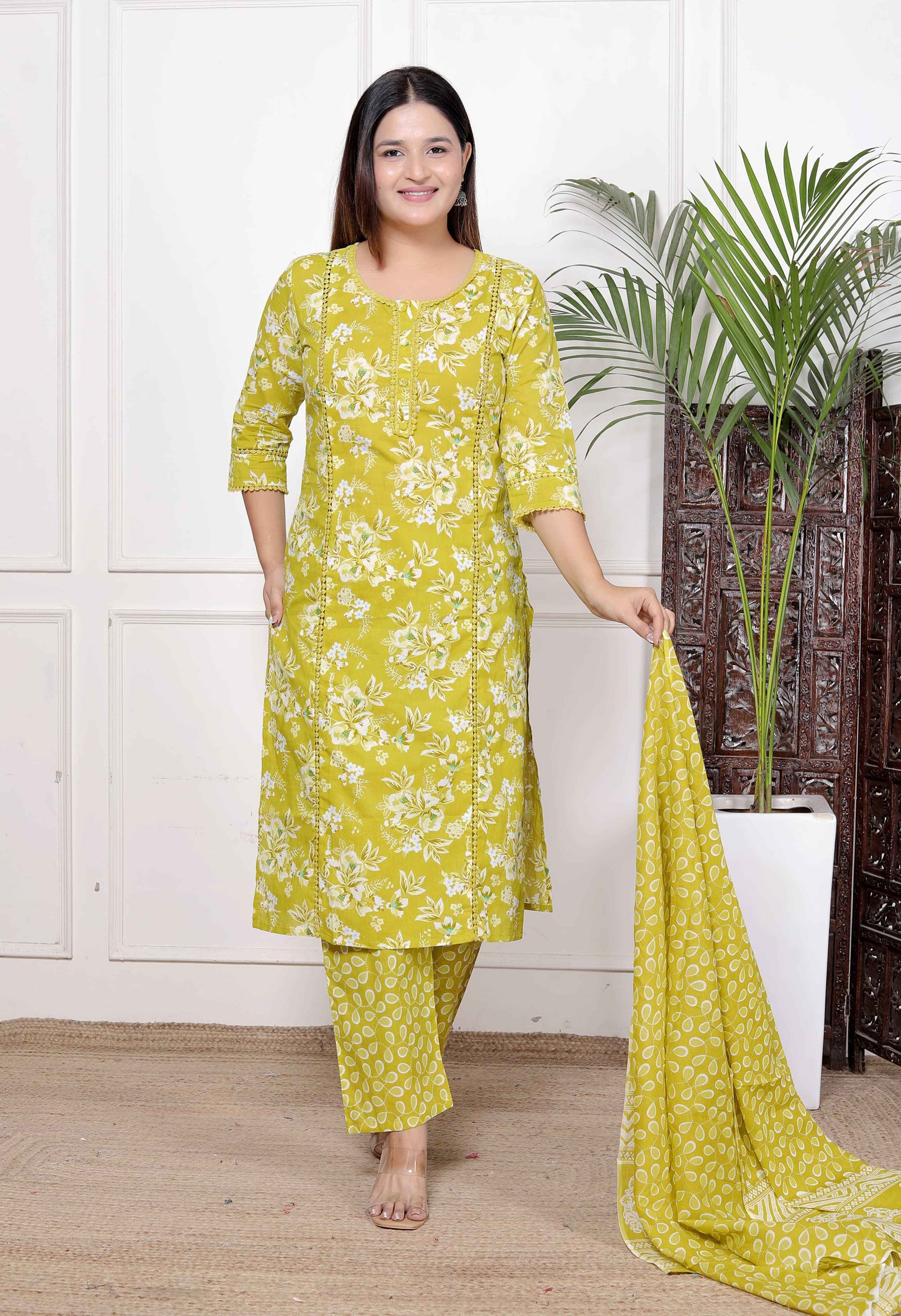 “Breathe Easy in Bloom: Lime Green Floral Printed Cotton Suit Set”
